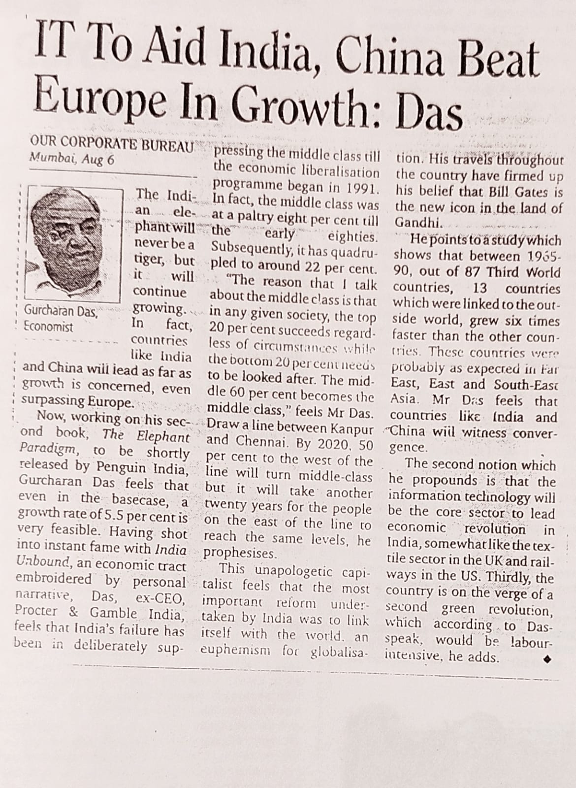 IT to aid India - China beat Europe in growth -Guru